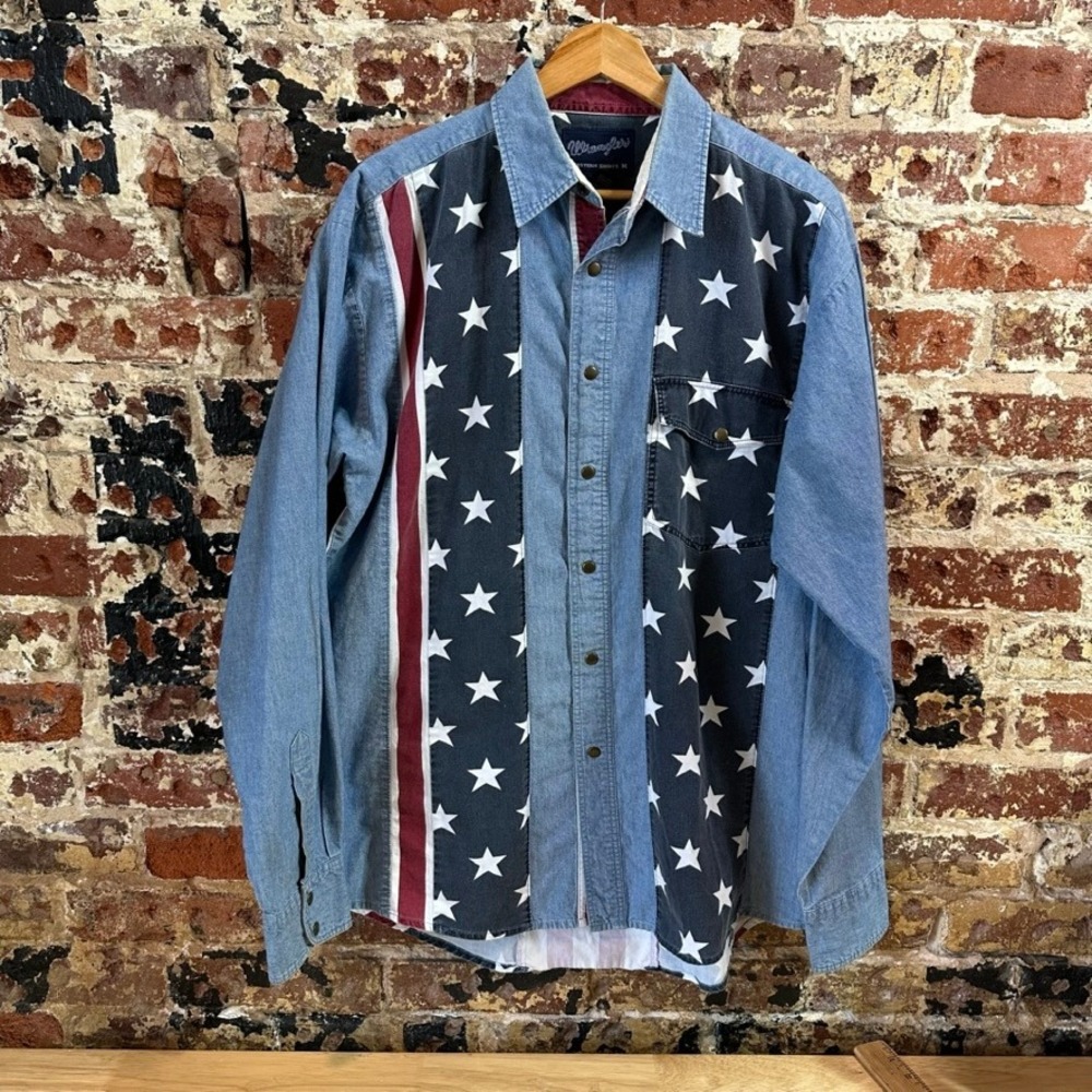Wrangler Flag Western Shirt Pearl Snap Long Sleeve Blue Jean Denim Mens Medium